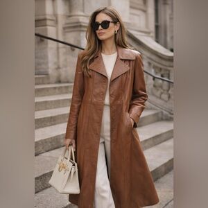 Vintage Genuine Leather Long Trench Coat Made in England Brown Size 14